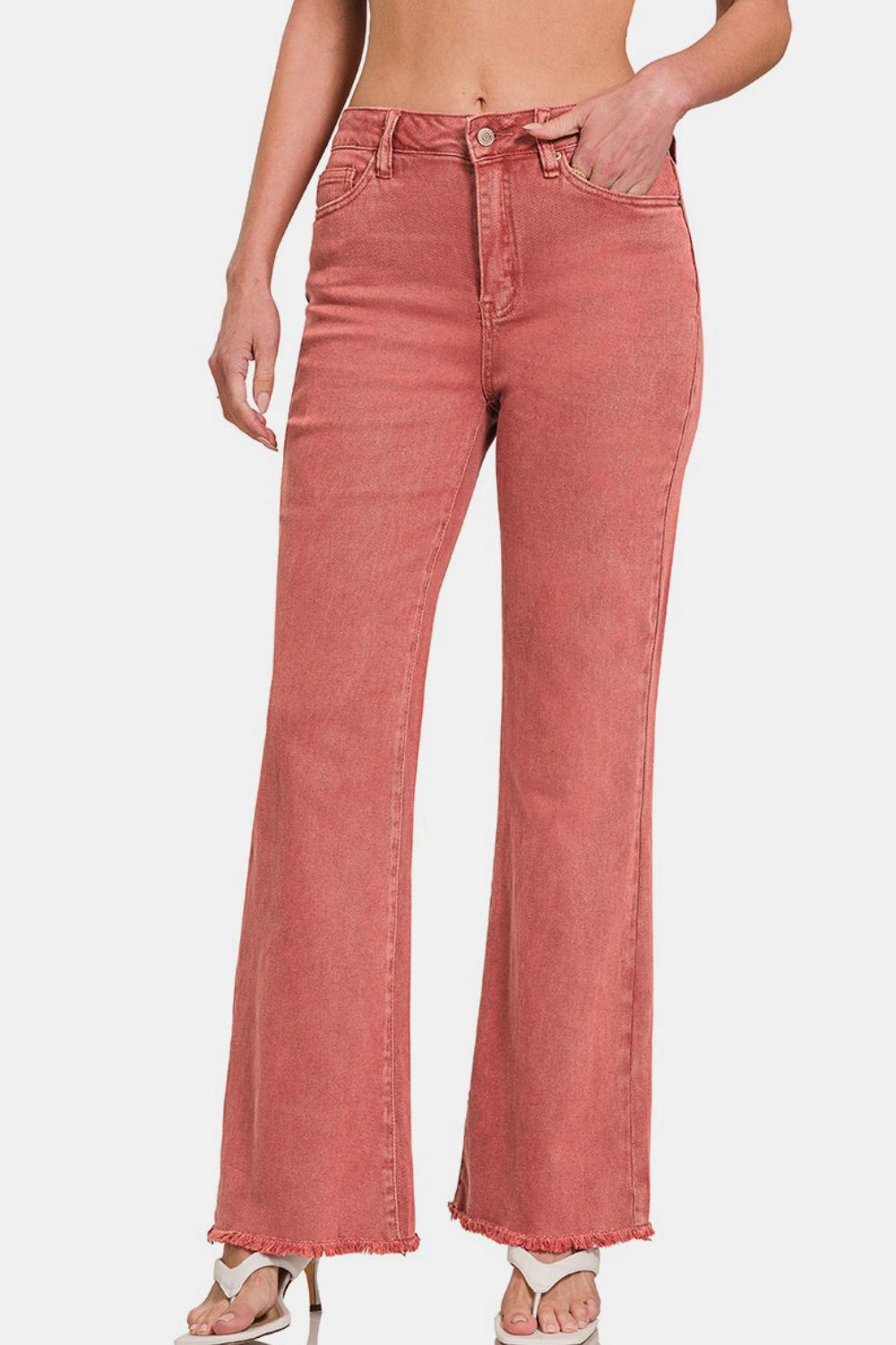 Zenana Acid Washed Frayed Hem Bootcut Jeans Cabernet