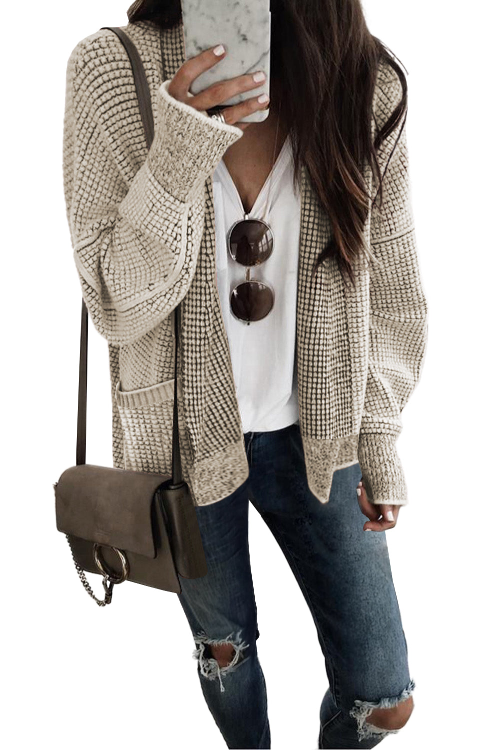 Black Chunky Knit Pockets Drop Sleeve Cardigan