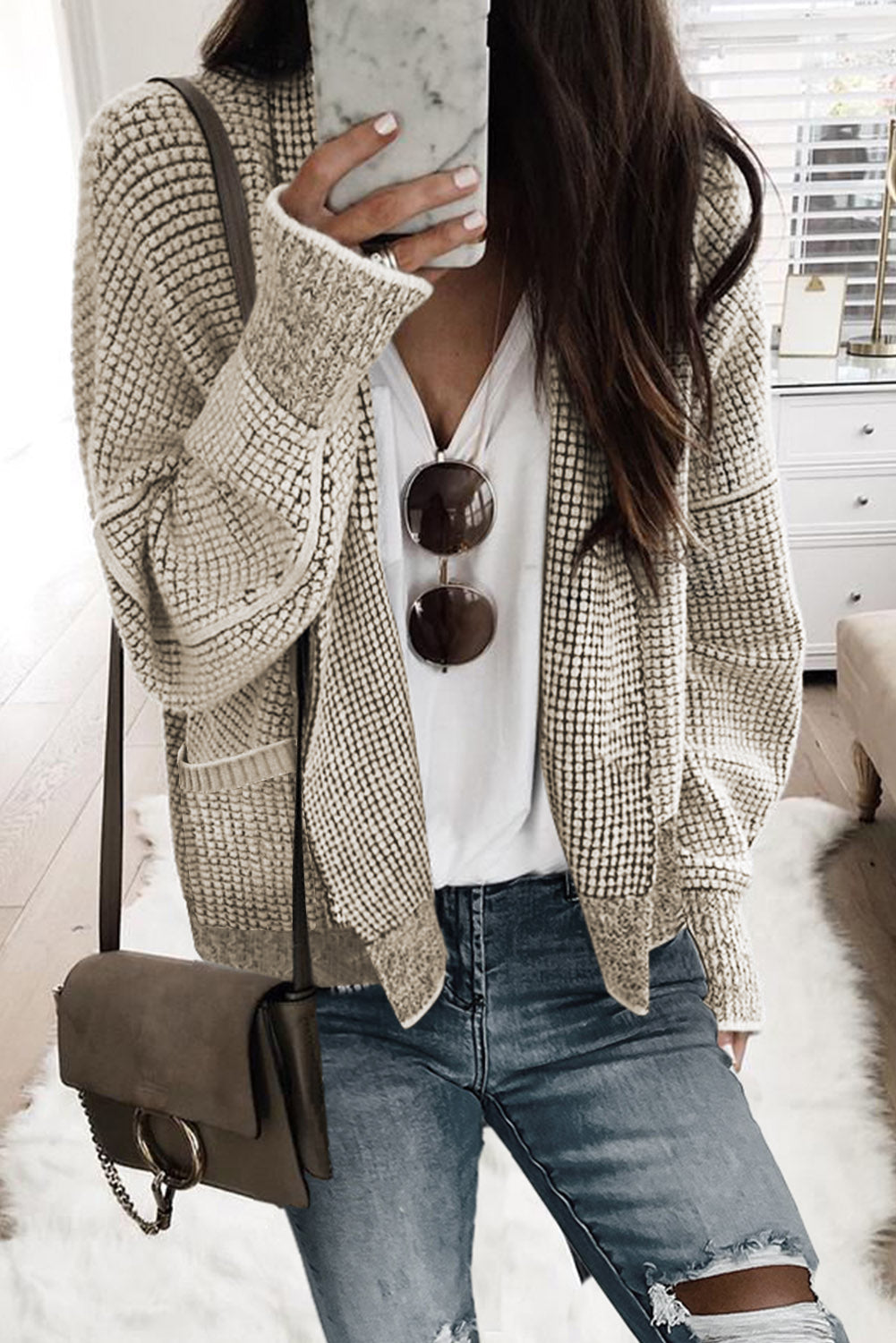 Black Chunky Knit Pockets Drop Sleeve Cardigan
