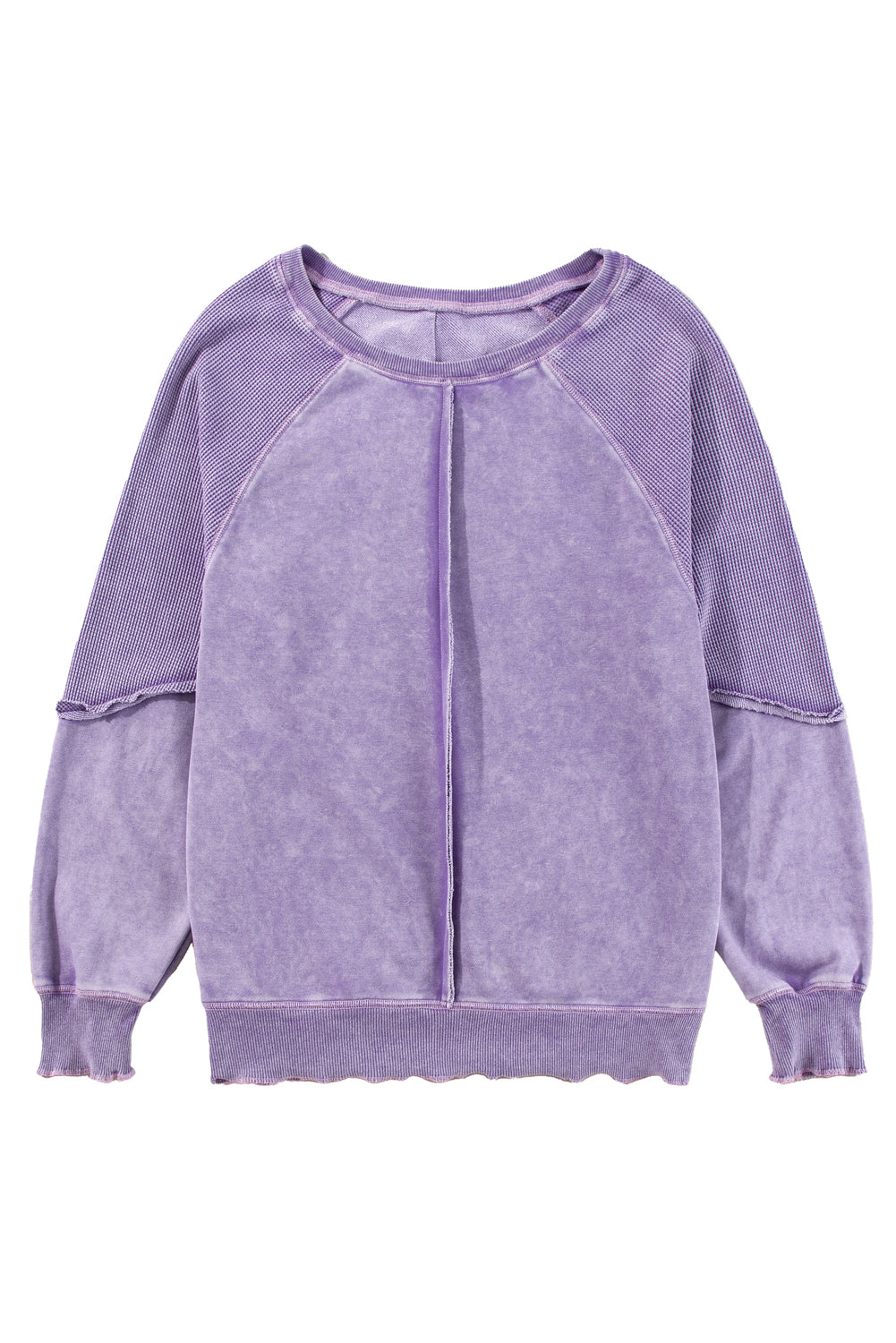 Mineral Blue Waffle Patchwork Raglan Sleeve Exposed Seam Sweatshirt