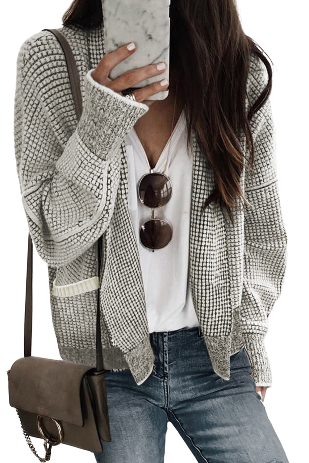 Black Chunky Knit Pockets Drop Sleeve Cardigan