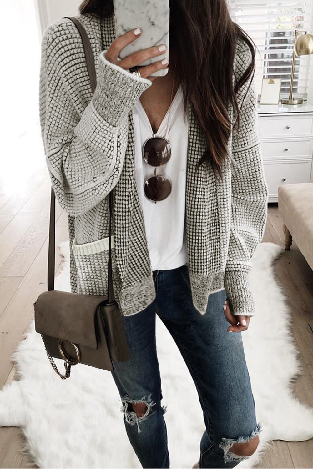 Black Chunky Knit Pockets Drop Sleeve Cardigan