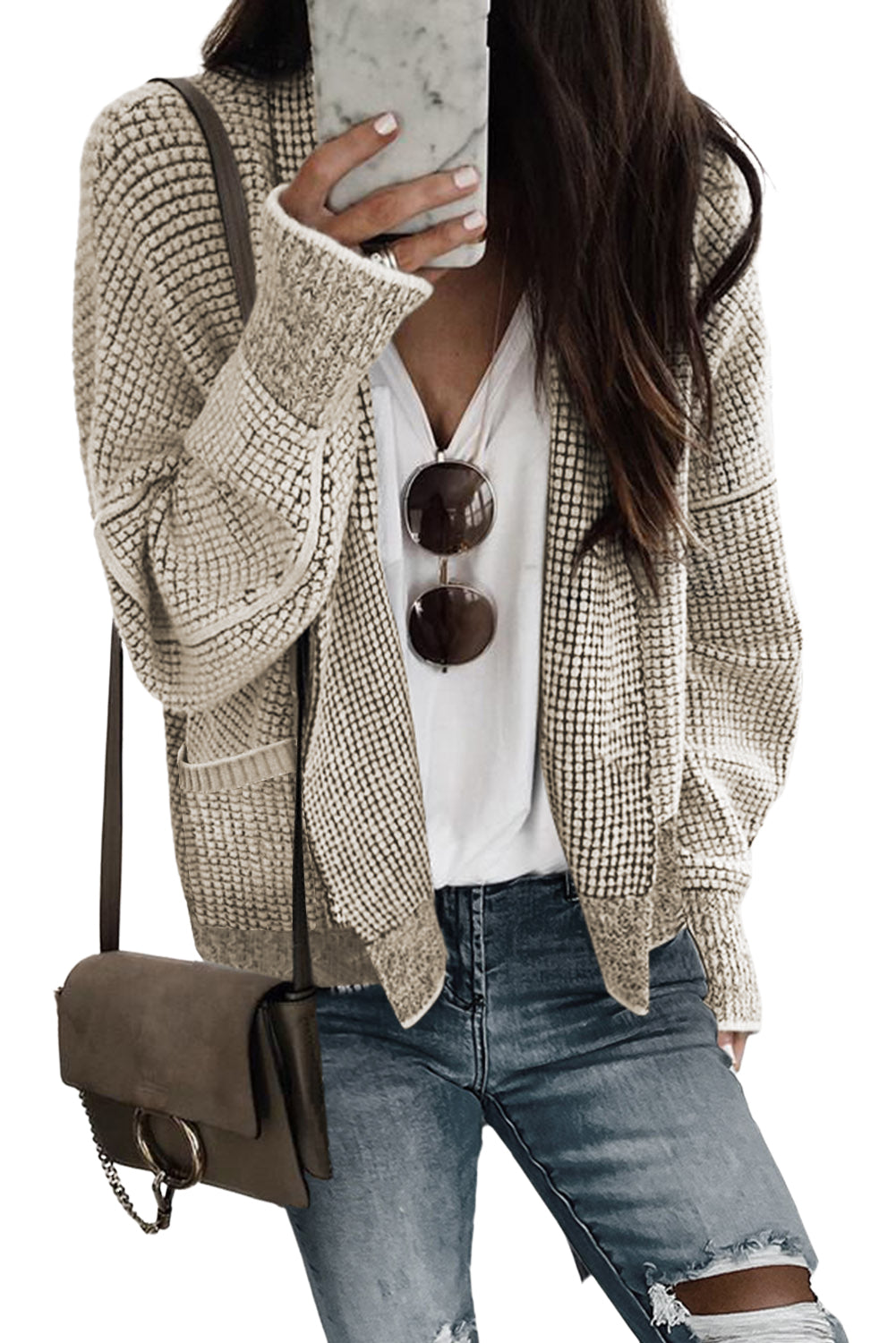 Black Chunky Knit Pockets Drop Sleeve Cardigan